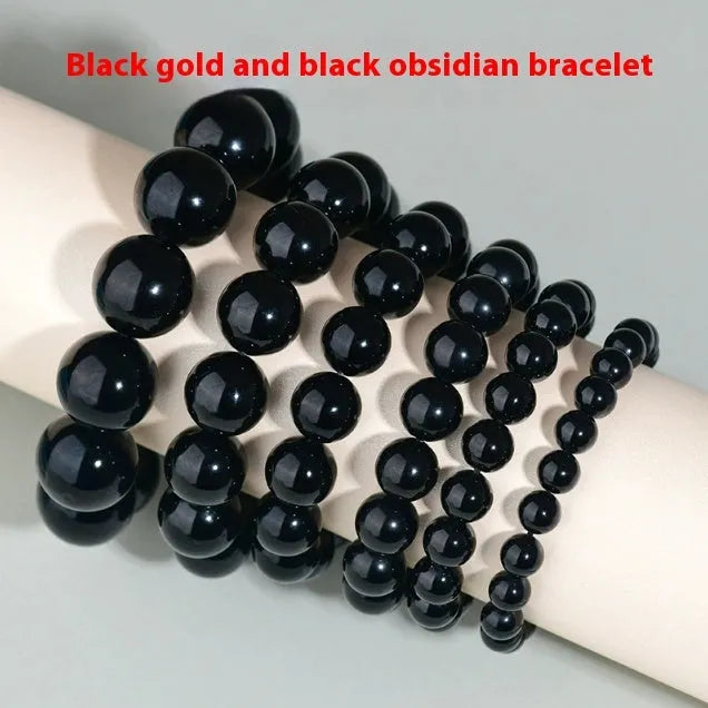 Hand-woven obsidian bracelet with round crystal beads in multiple colour options