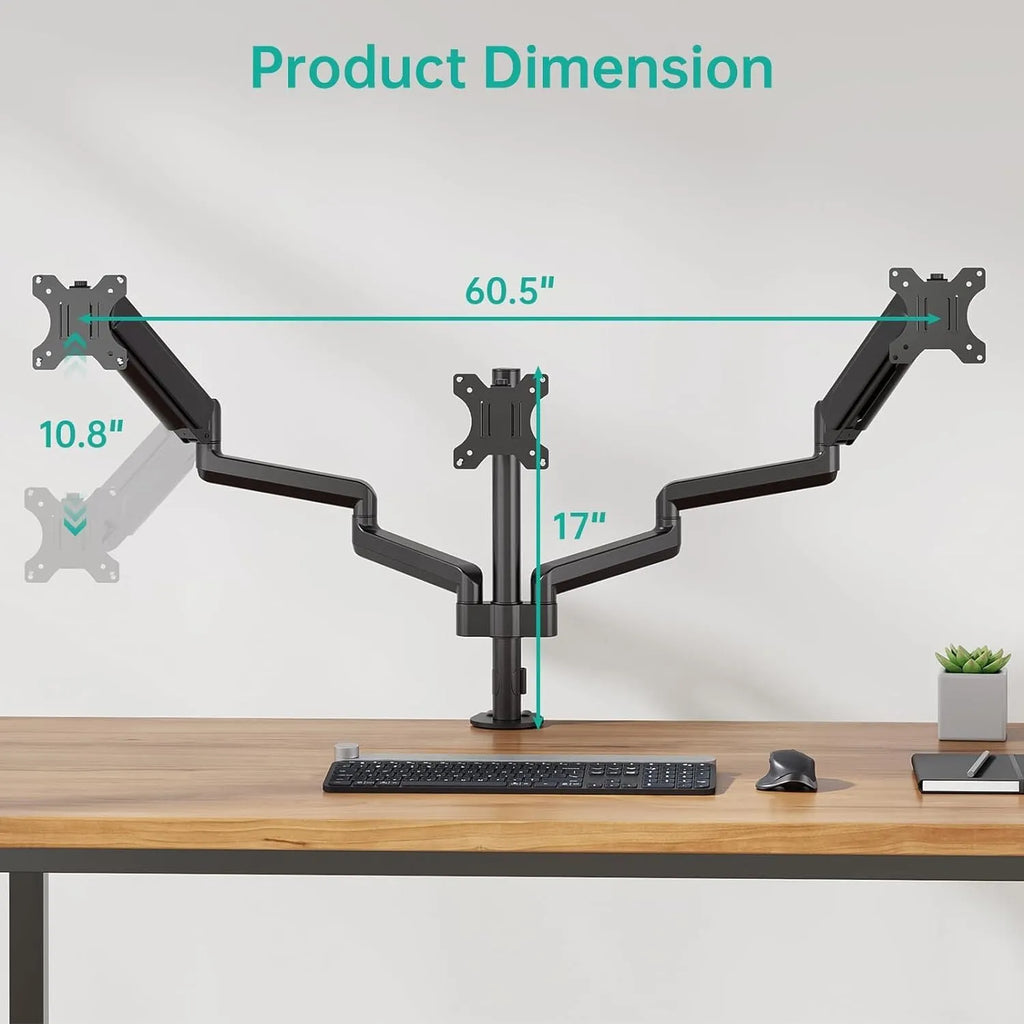 Black aluminium alloy three-arm gas spring monitor mounting arm for 13-27 inch computer screens