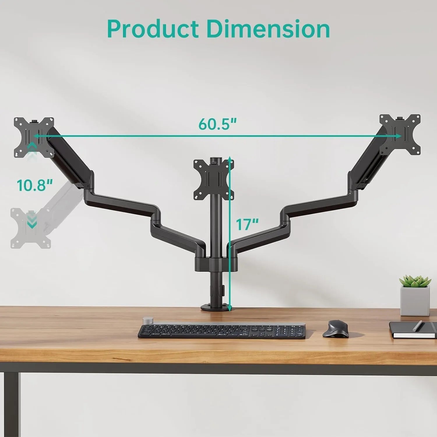 Black aluminium alloy three-arm gas spring monitor mounting arm for 13-27 inch computer screens