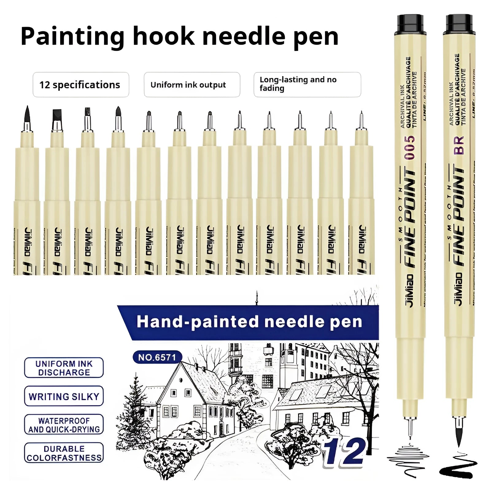 Waterproof needle pen with hook line art cartoon design on 133mm plastic body