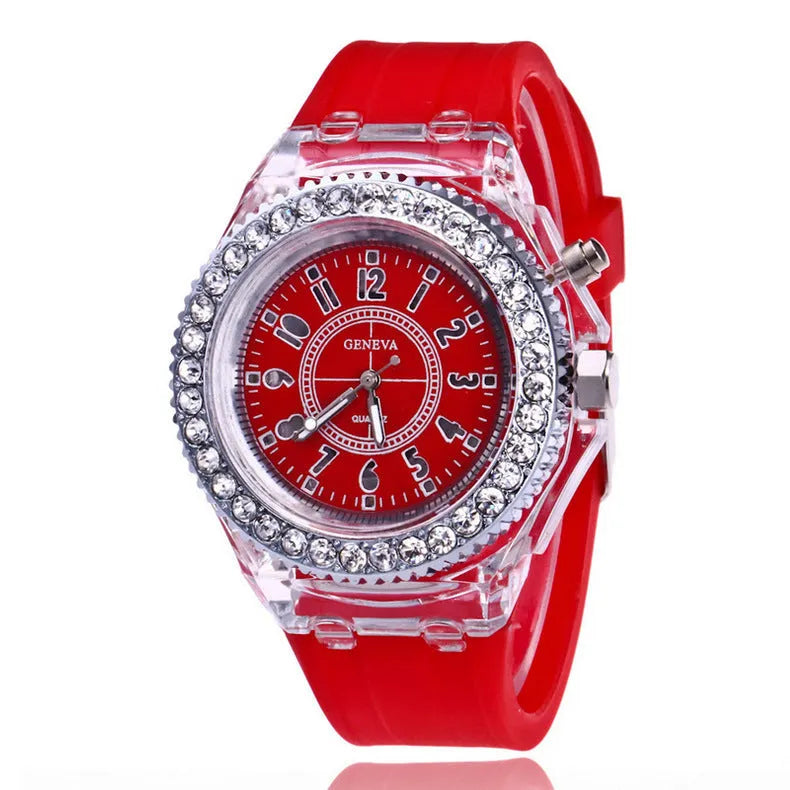 Women's LED luminous quartz watch with round 43mm alloy case and coloured silicone strap