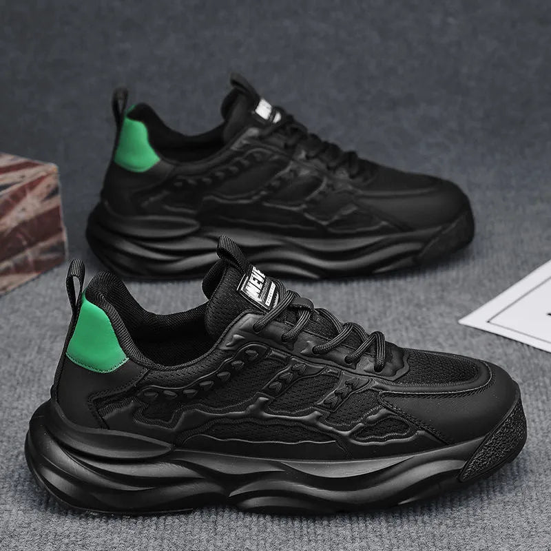 Men's solid colour breathable mesh shoes with round toe, shown in black and white colour options.