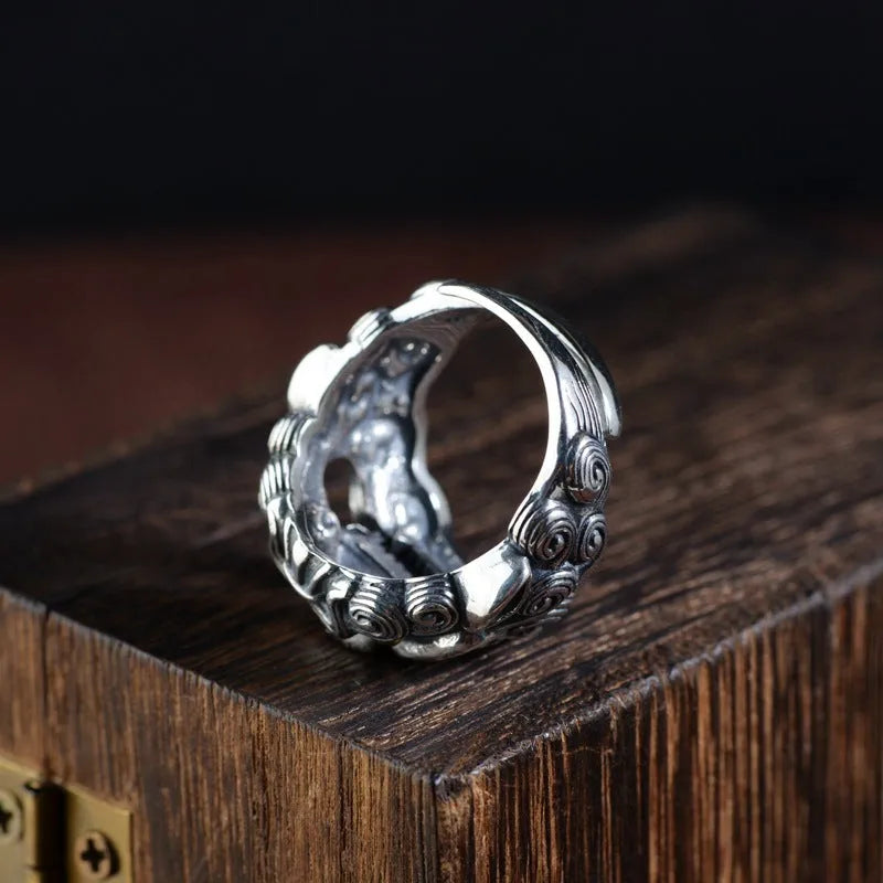 Silver open ring with Jibeast animal pattern and Zodiac design elements