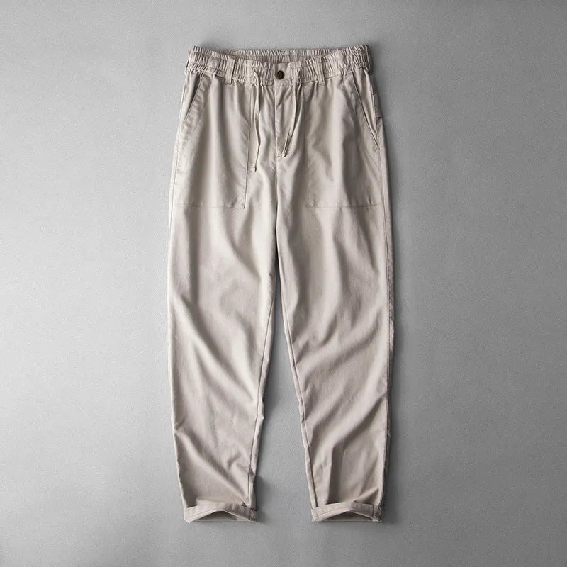 Men's linen casual trousers in navy blue, apricot hemp grey, and grey colours with mid waist design