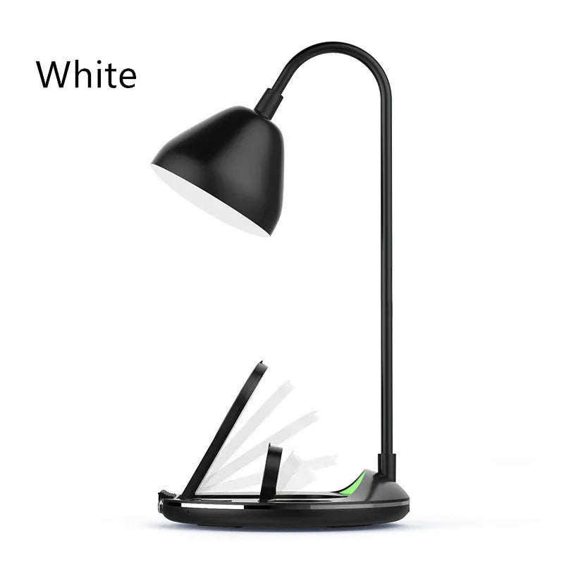 Black and white magnetic folding wireless charger open as stand showing USB connection