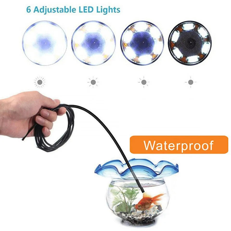 USB-C Android mobile phone endoscope with flexible cable, IP67 waterproof camera, and hook, magnet and mirror attachments.