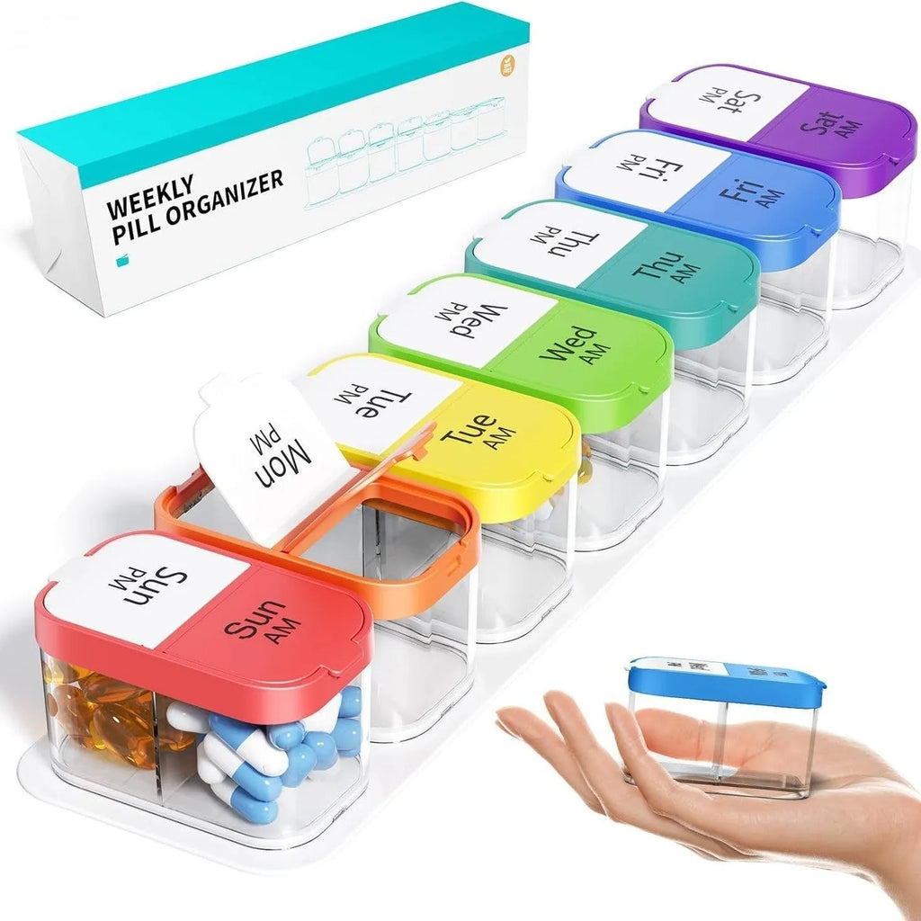Large portable pill dispenser with 14 compartments showing disassembling function in white or rainbow colour