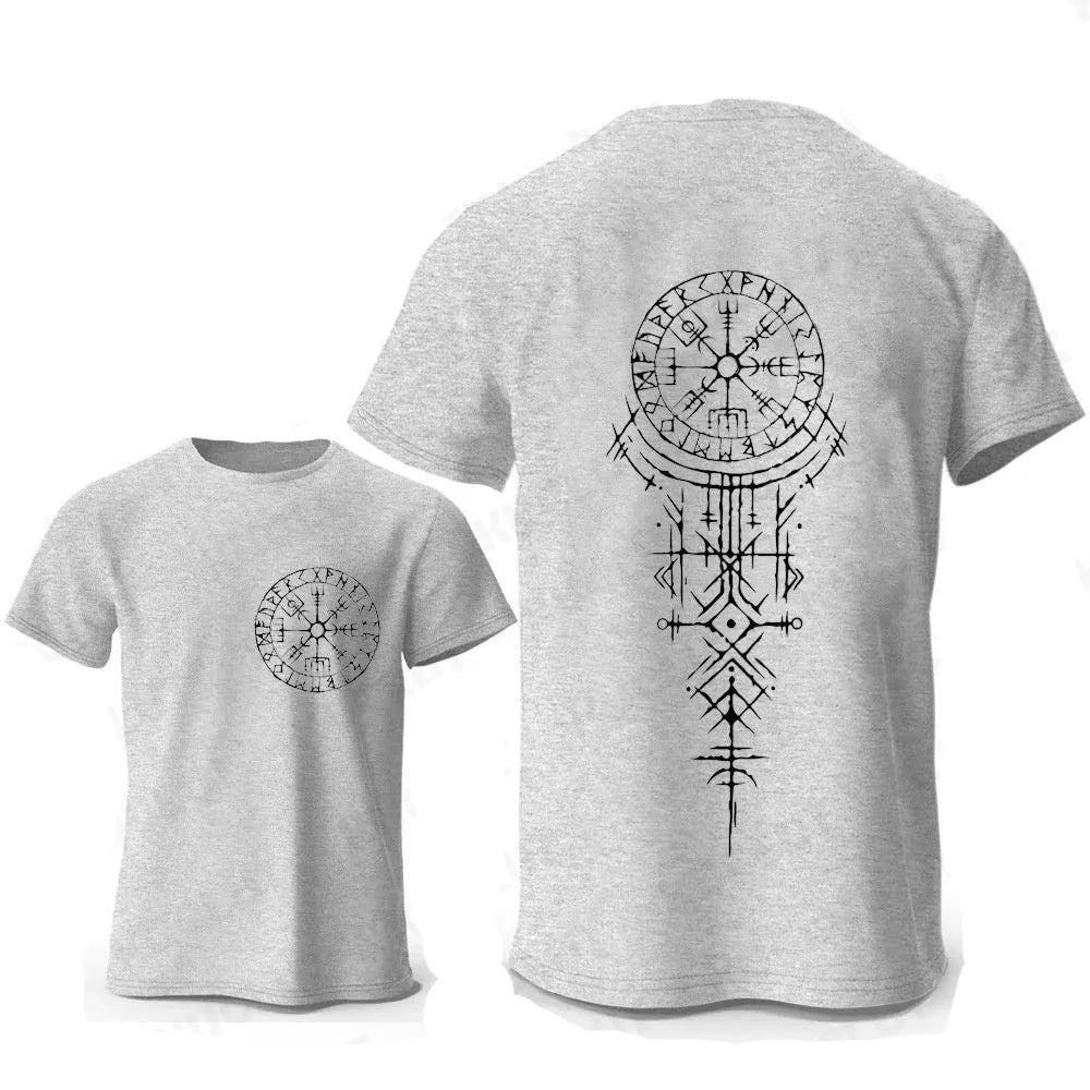 Man wearing a grey t-shirt with a large Viking rune compass graphic printed on the chest.