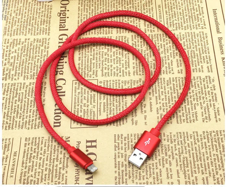 Denim fabric Type-C charging cable with aluminium alloy connectors in black, blue or red colour