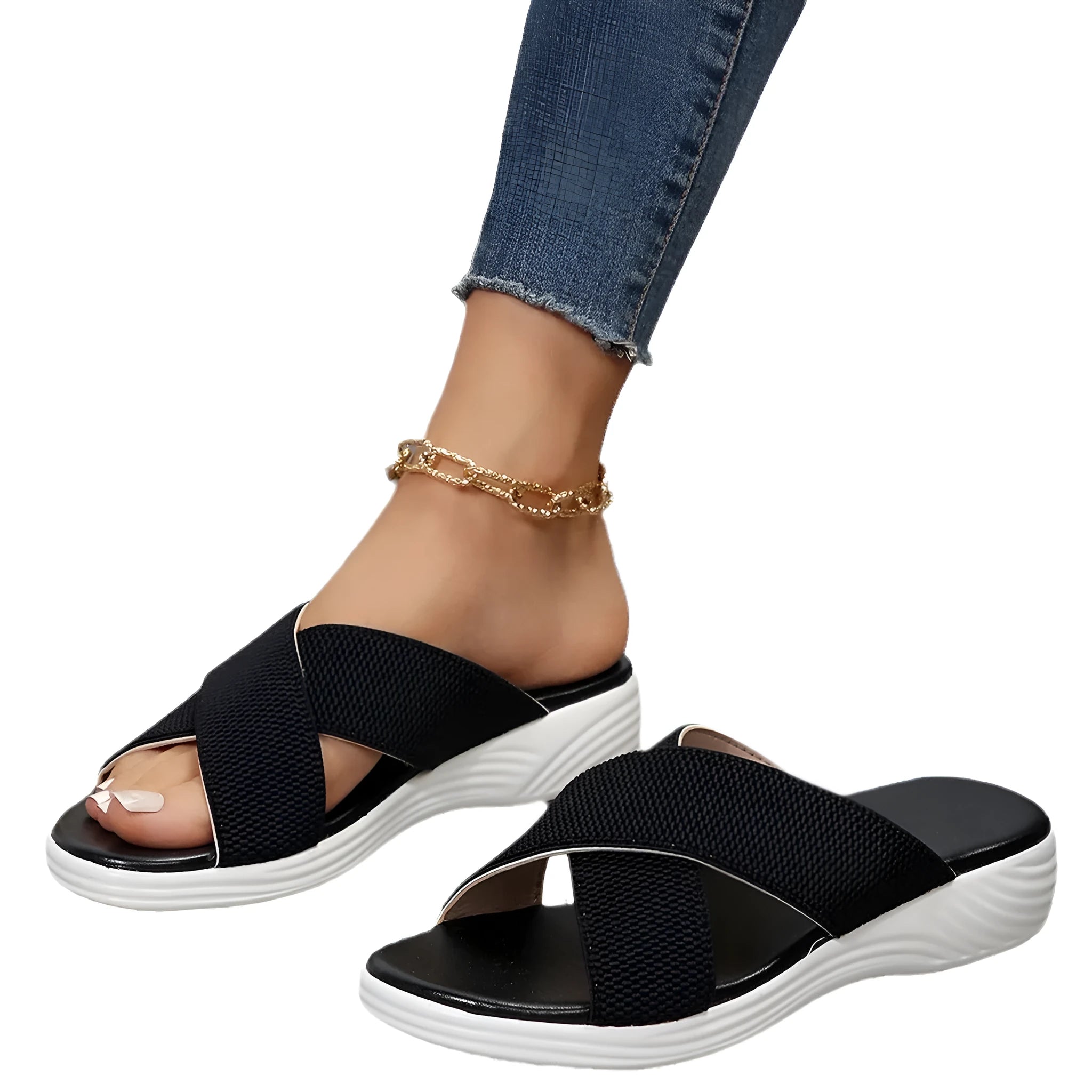 Black women's peep-toe wedge slippers with a thick rubber sole on a plain background.