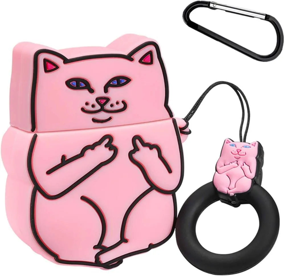 Silicone flip-case for AirPods 2 with cartoon designs including avocado, black cat, stitch, and pokeball.