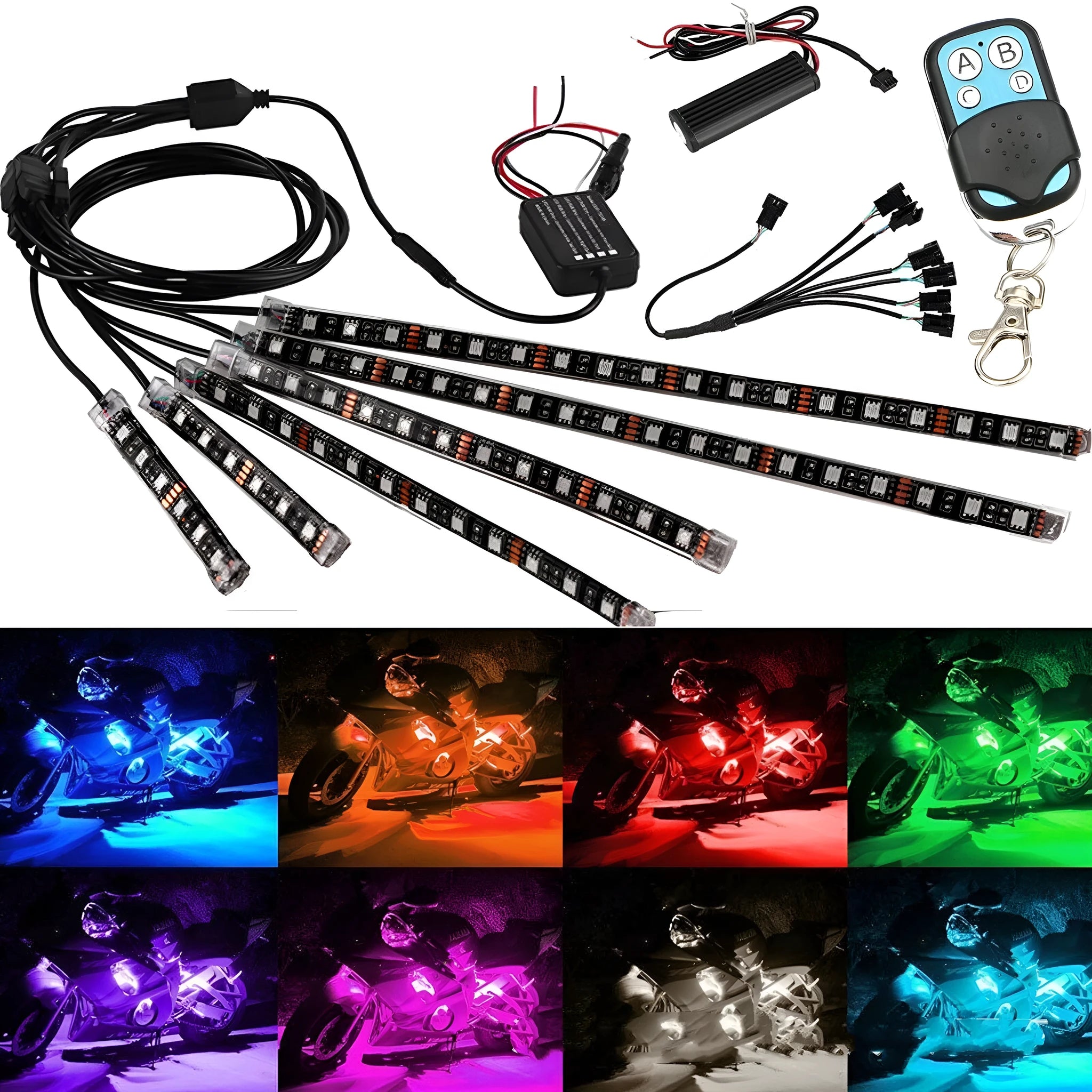 Black silicone RGB LED light bar for cars and motorcycles with wireless remote control receiver.