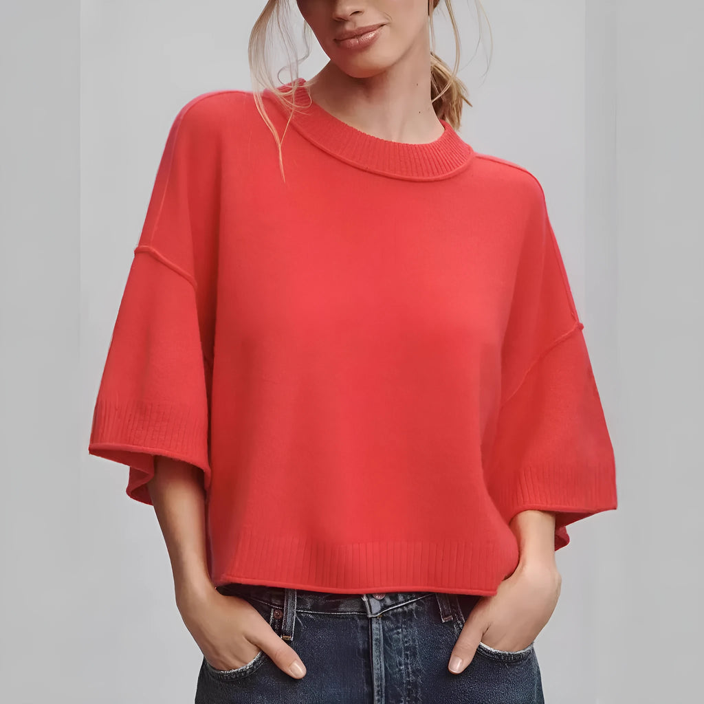 Women's red short T-shirt with exposed navel style made from viscose fibre.