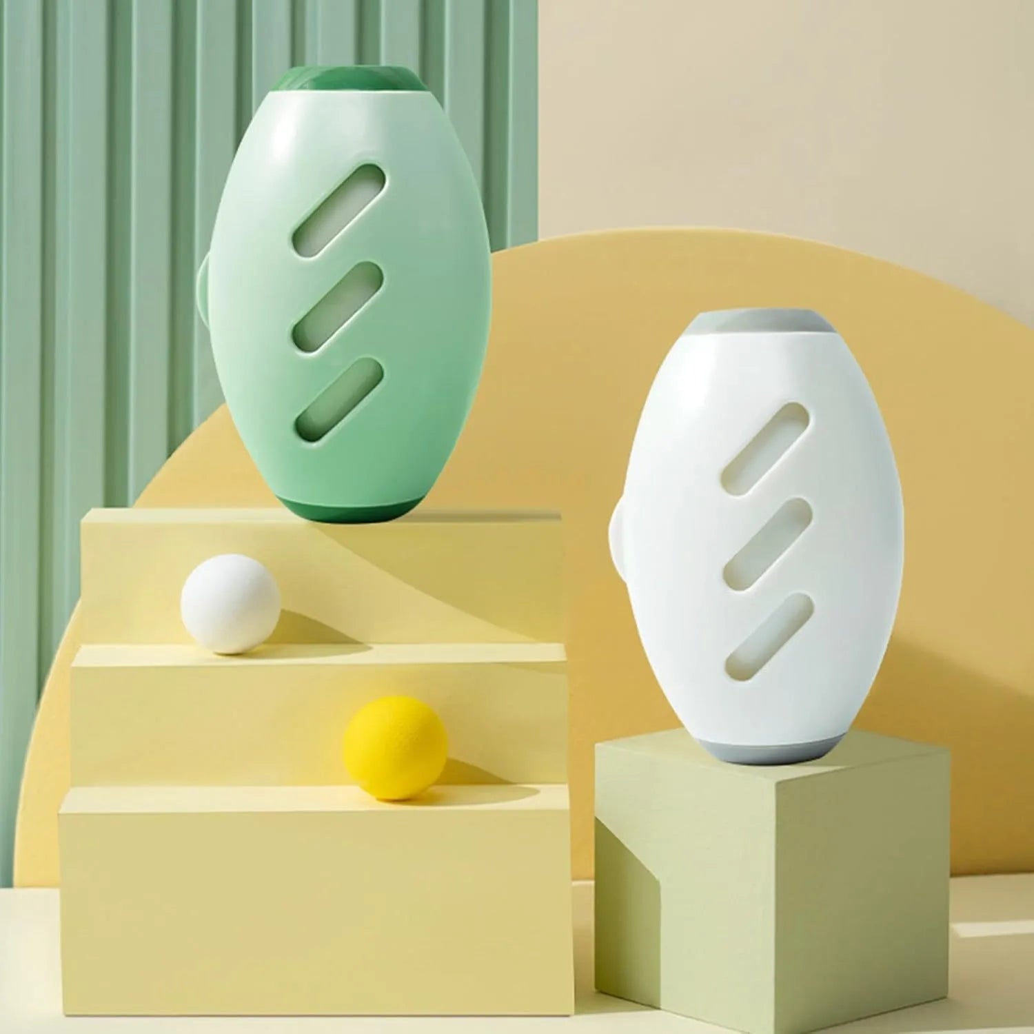 Green and white reusable gel lint roller ball for portable pet hair removal.
