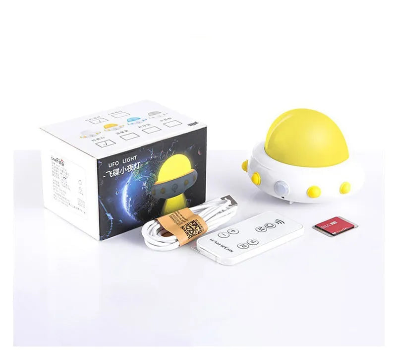Remote control UFO shaped bedside night light in blue, pink or white colours