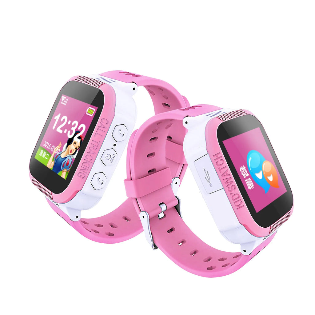 Blue children's phone watch with 1.44 inch screen showing simple interface
