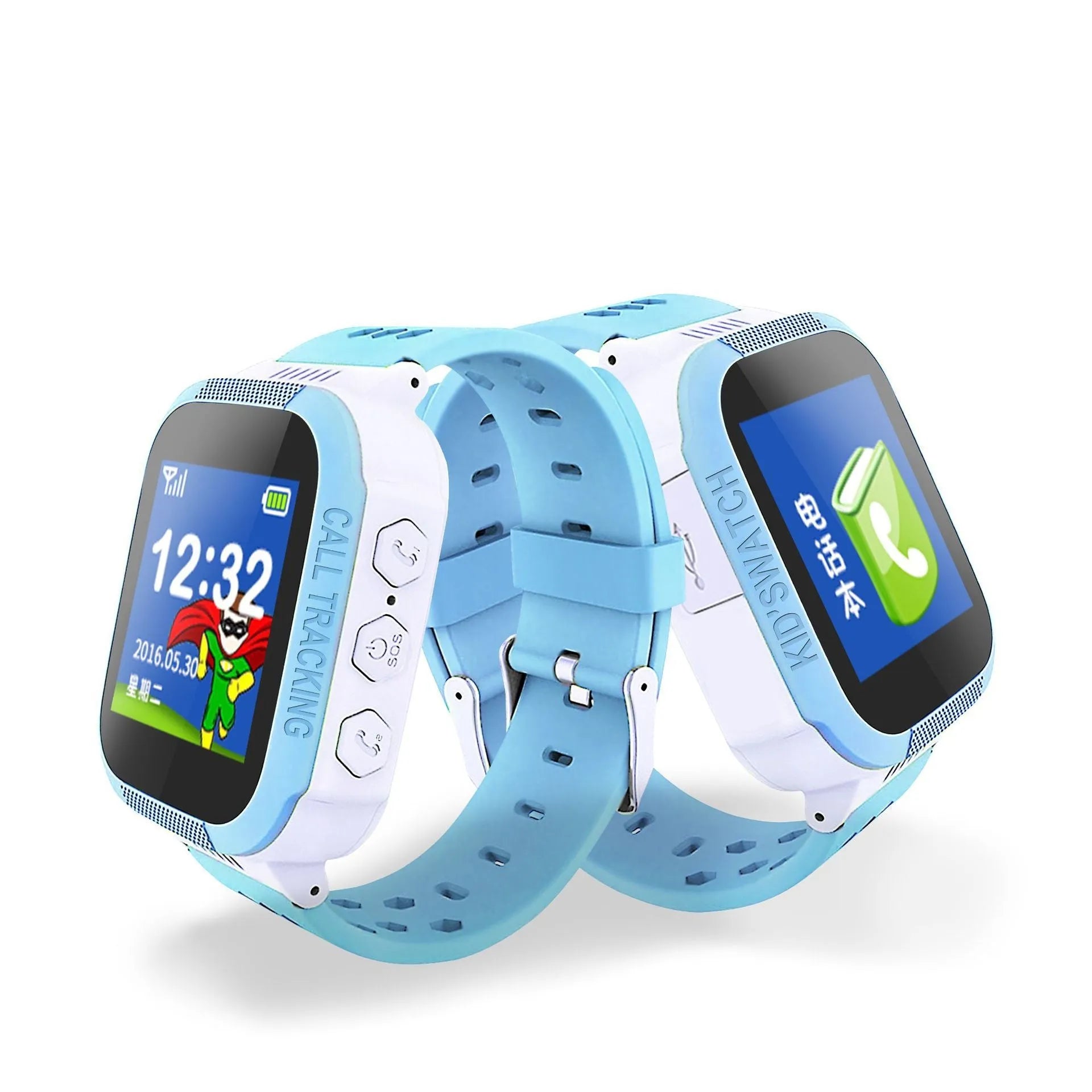 Blue children's phone watch with 1.44 inch screen showing simple interface