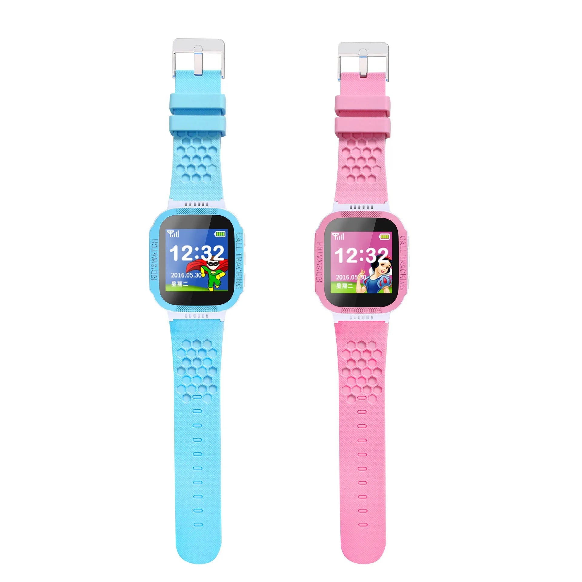 Blue children's phone watch with 1.44 inch screen showing simple interface