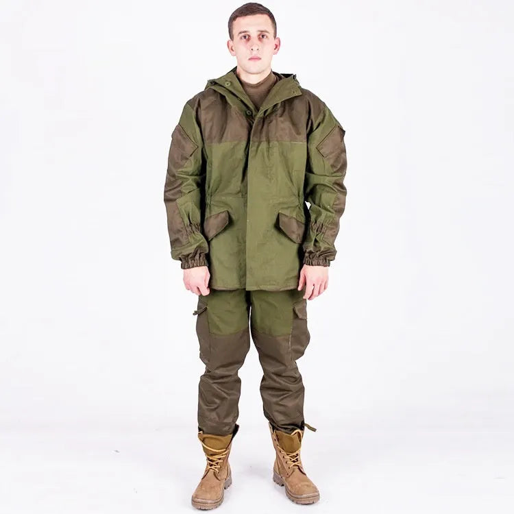 Men's Special Forces tactical camouflage battle suit jacket and trousers set in cotton blend fabric.