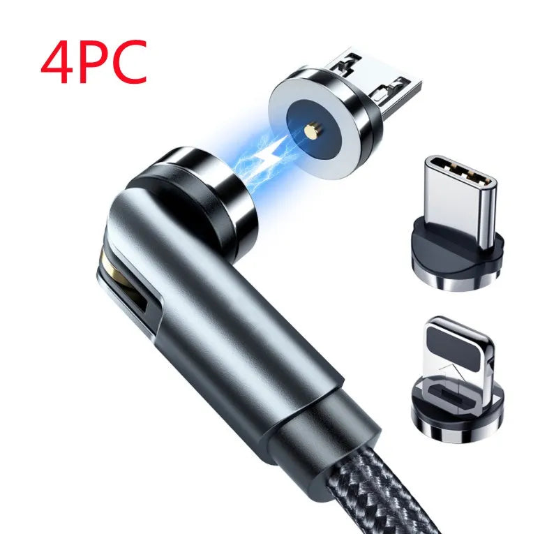 Essager black magnetic USB cable with rotating head and blue LED light, shown connecting to a phone.