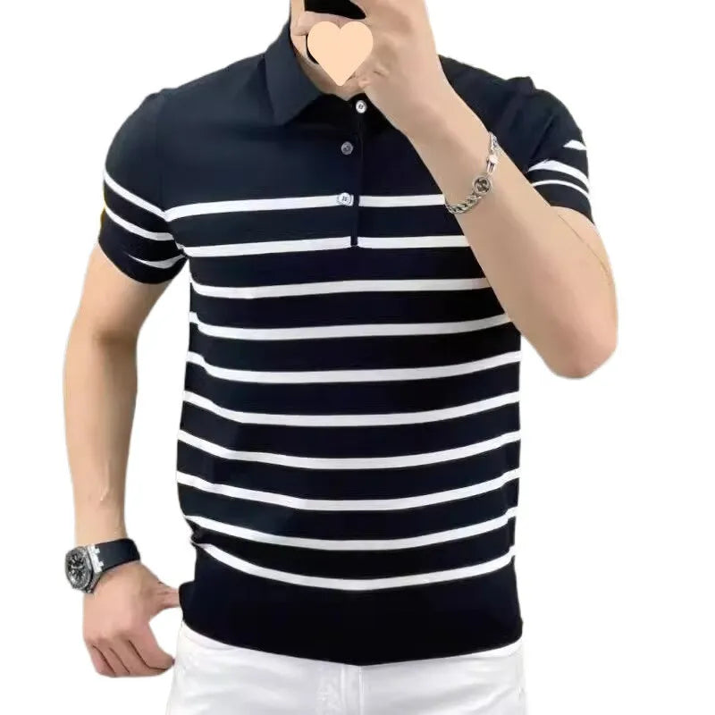 Black and white striped knitted t-shirt with a lapel neckline, shown in a pullover style.