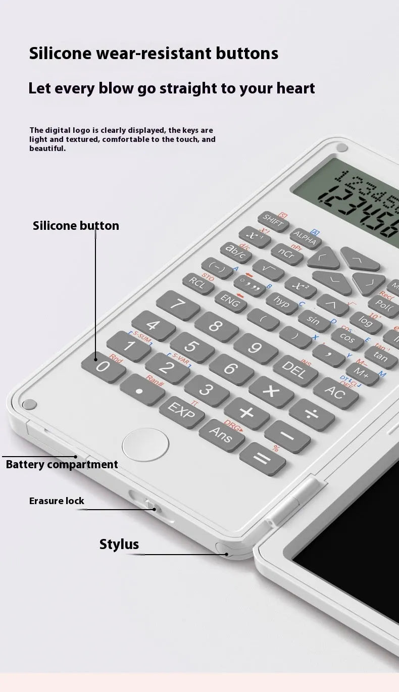 Plastic scientific calculator with handwriting board in black colour, measuring 162 x 82.2 x 18.3mm