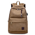 Canvas backpack with USB charging port showing multiple compartments including laptop section