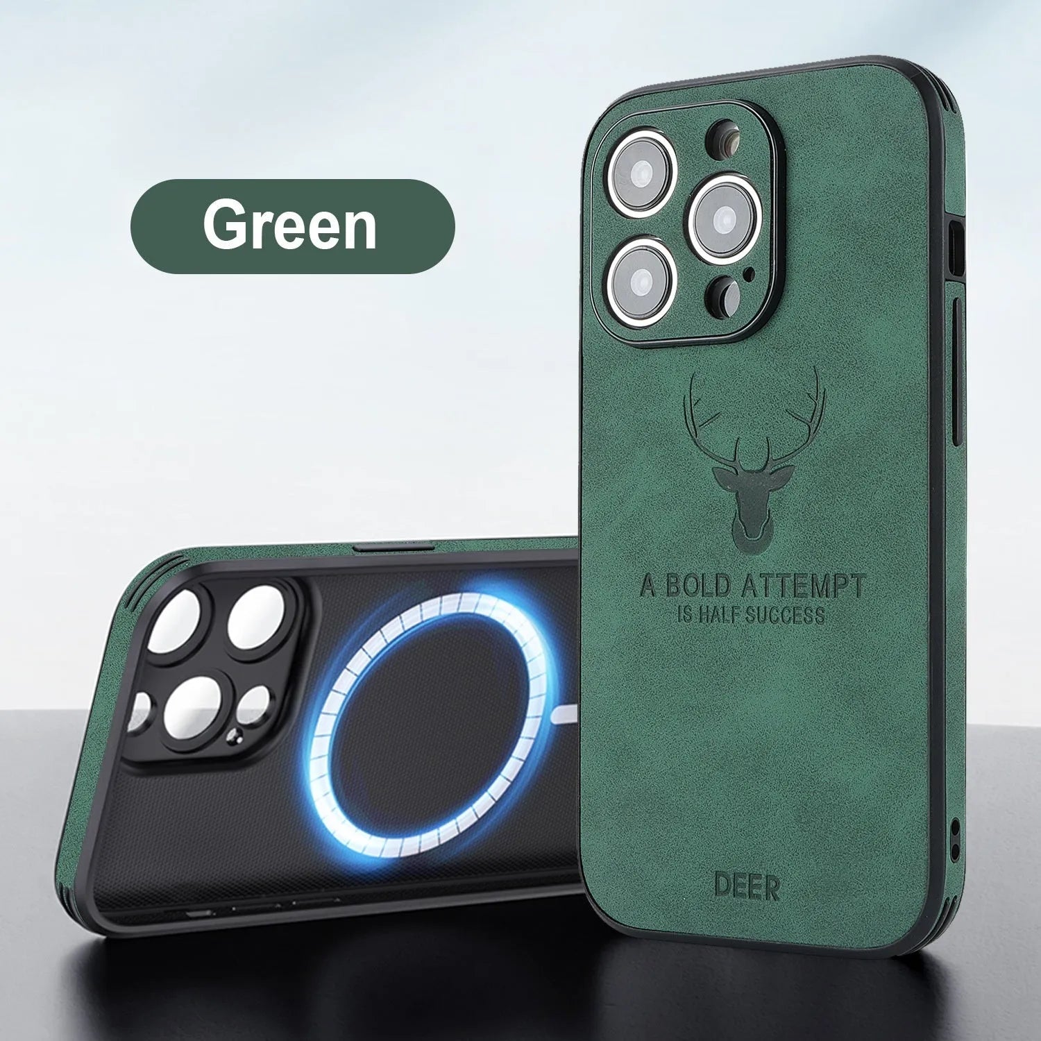 iPhone 16 magnetic charging case with 3D embossed moose head design in imitation leather
