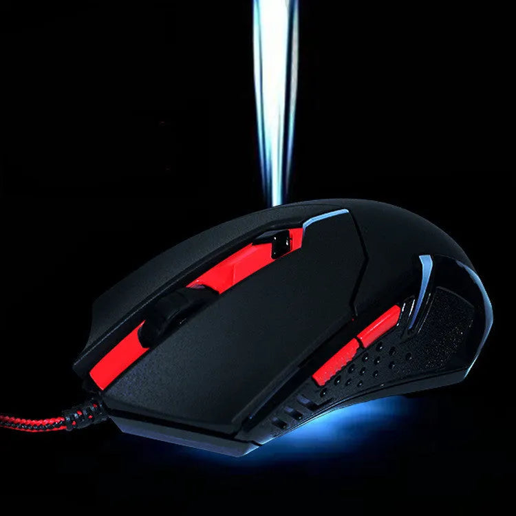 Black and red ergonomic USB wired gaming mouse with six buttons on a 1.8 metre cable