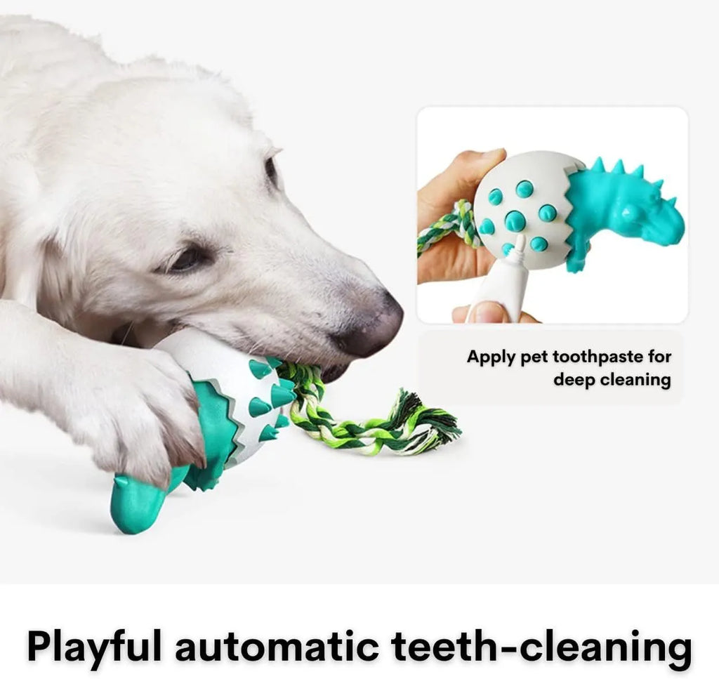Blue dinosaur-shaped dog chew toy with rope element for aggressive chewers
