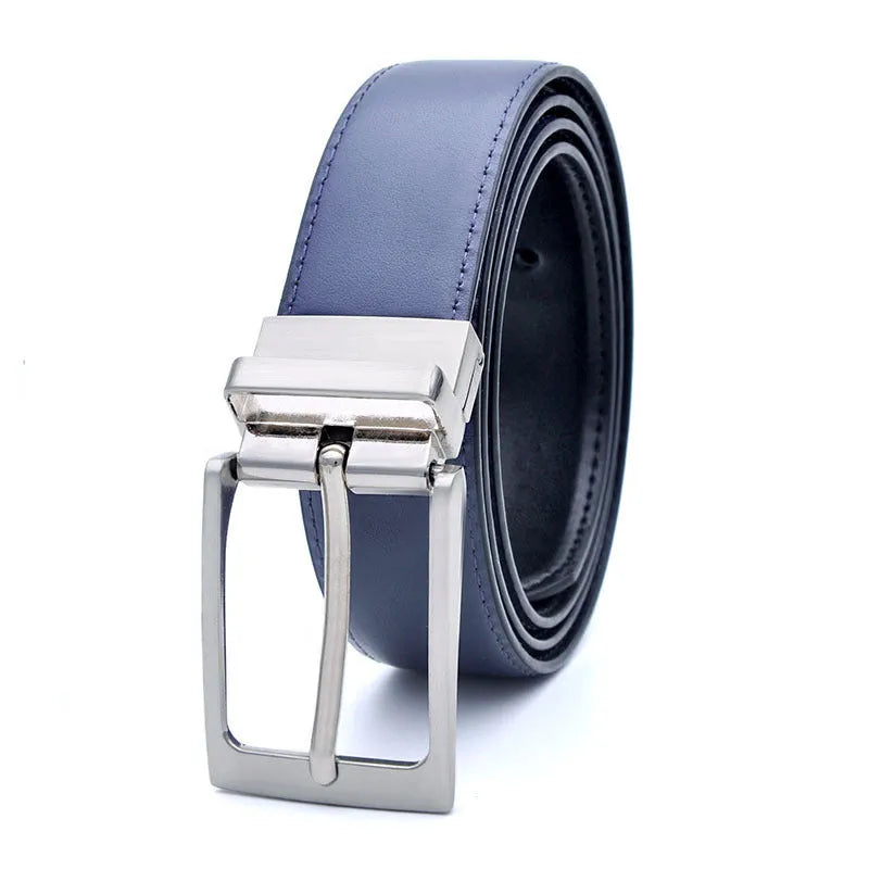 Men's rotating pin buckle leather belt in dark brown with genuine leather strap