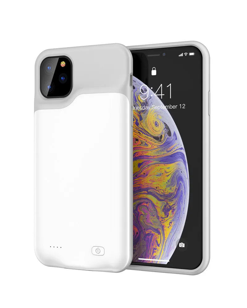 Shockproof silicone iPhone battery case in black, blue, pink, or white with integrated charging and extended battery capacity