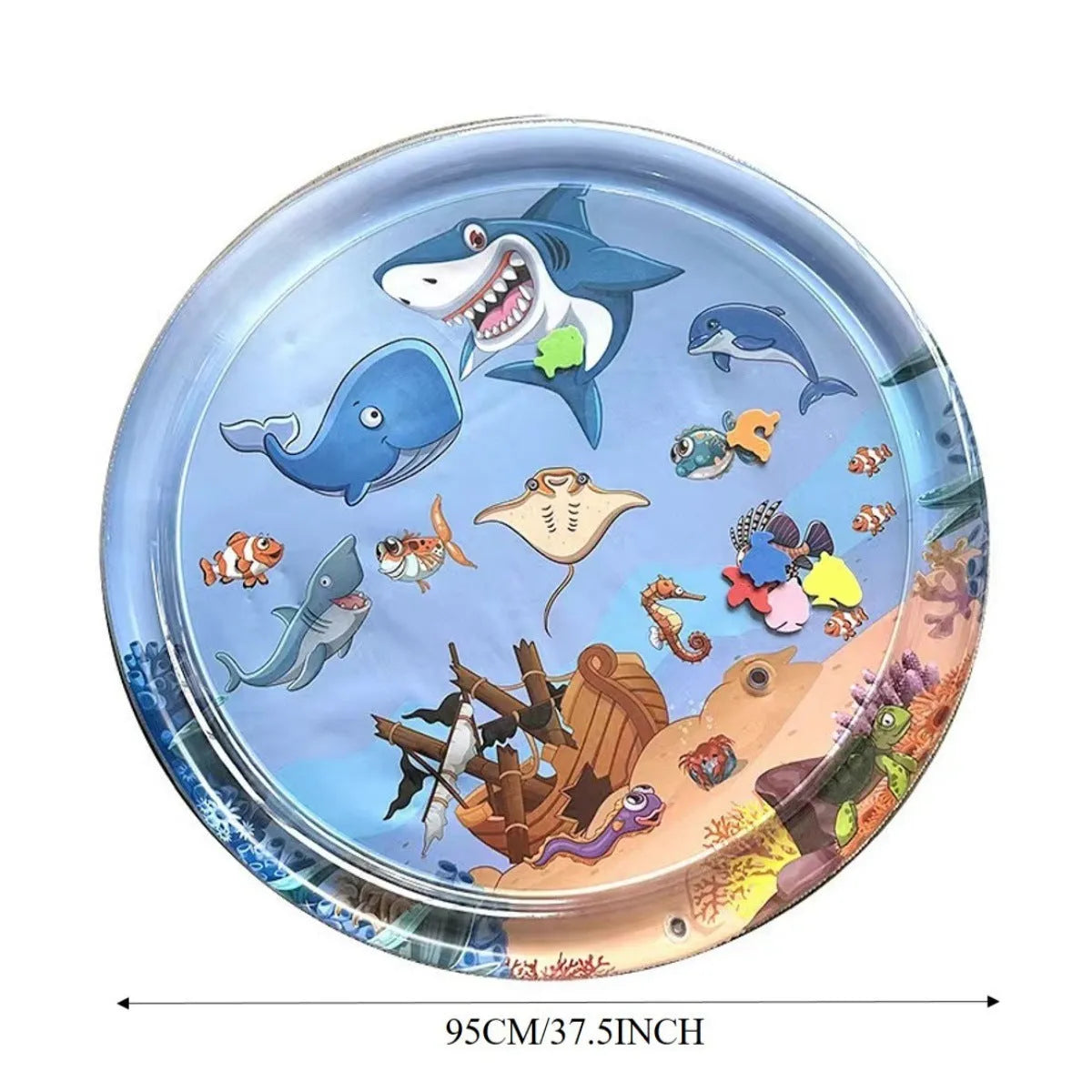 Square blue water sensory playmat for cats on floor, showing ocean fish design and floating toys inside.