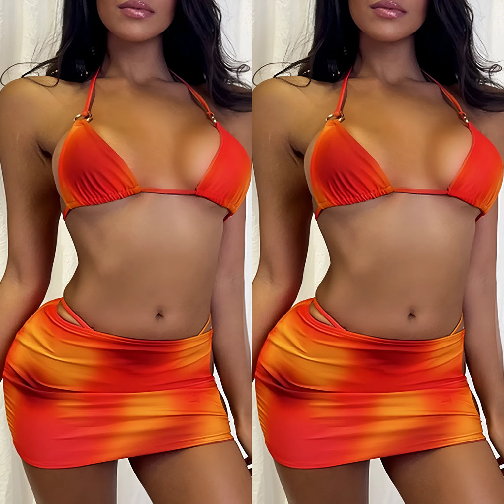 Solid colour tie-dye gradient halter bikini three-piece swimsuit set with top, pants, and skirt.