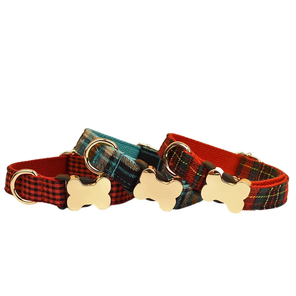 Flat nylon dog collar with printed grid pattern and plastic bone buckle in multiple colour options