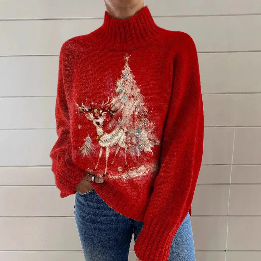 Women's Christmas printed turtleneck sweater showing painting pattern and loose fit