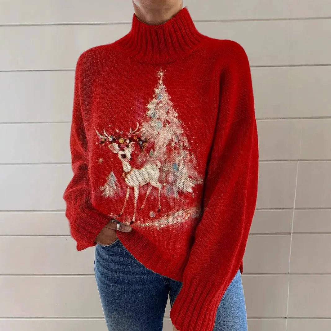 Women's Christmas printed turtleneck sweater showing painting pattern and loose fit