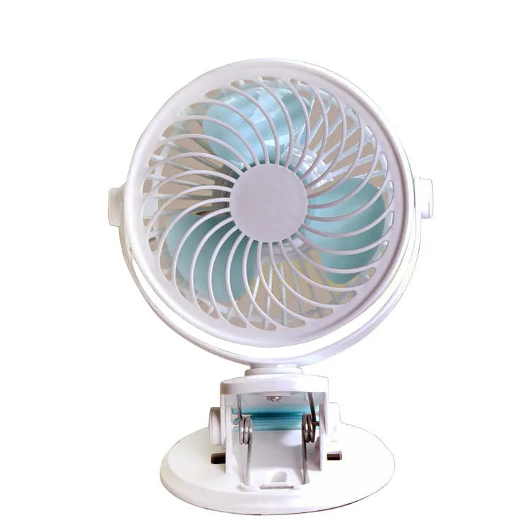 Small white USB desk fan shown in clip-on and floor-standing styles on a wooden desk.