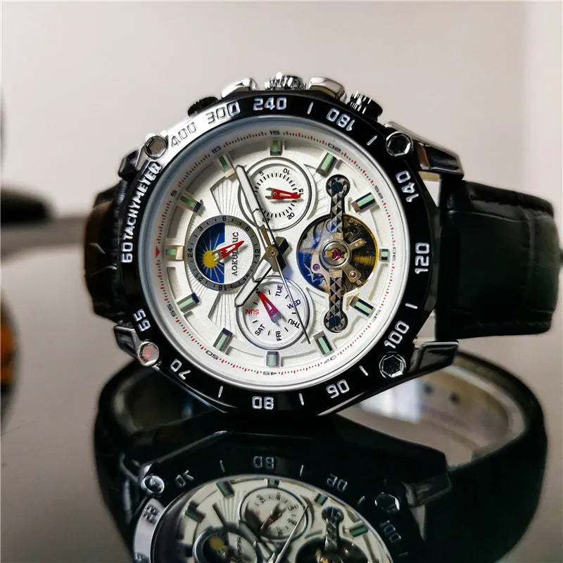 Automatic mechanical mens watch with silver stainless steel case and black dial