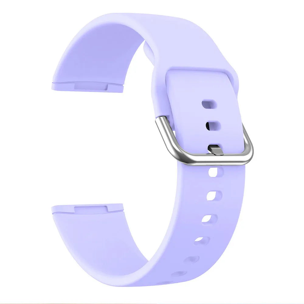 Silicone replacement strap with silver buckle for Fitbit Versa 3 and Sense 2 in a selection of solid colours.