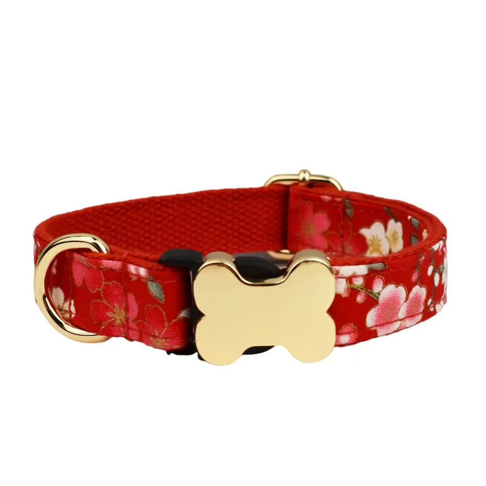 Flat nylon dog collar with printed grid pattern and plastic bone buckle in multiple colour options