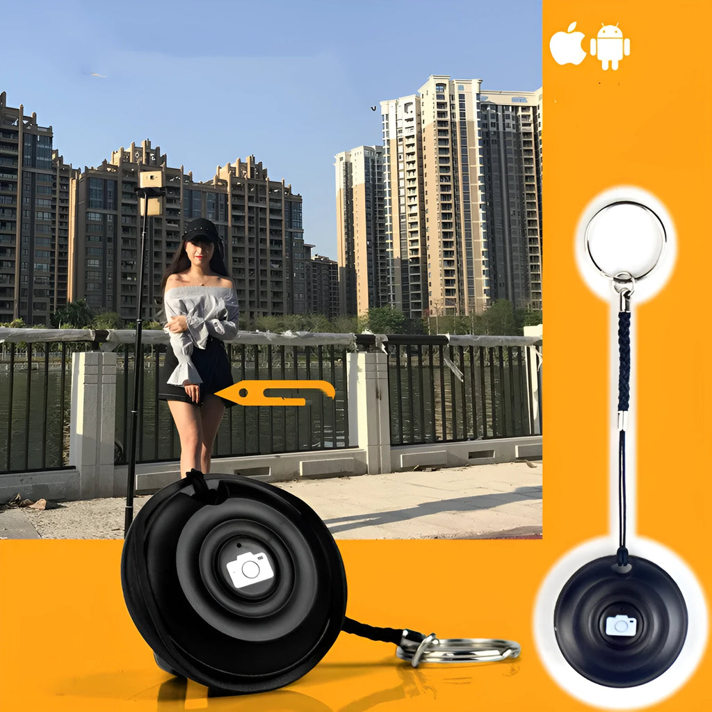 Black Bluetooth remote control for wireless smartphone camera photos and videos.