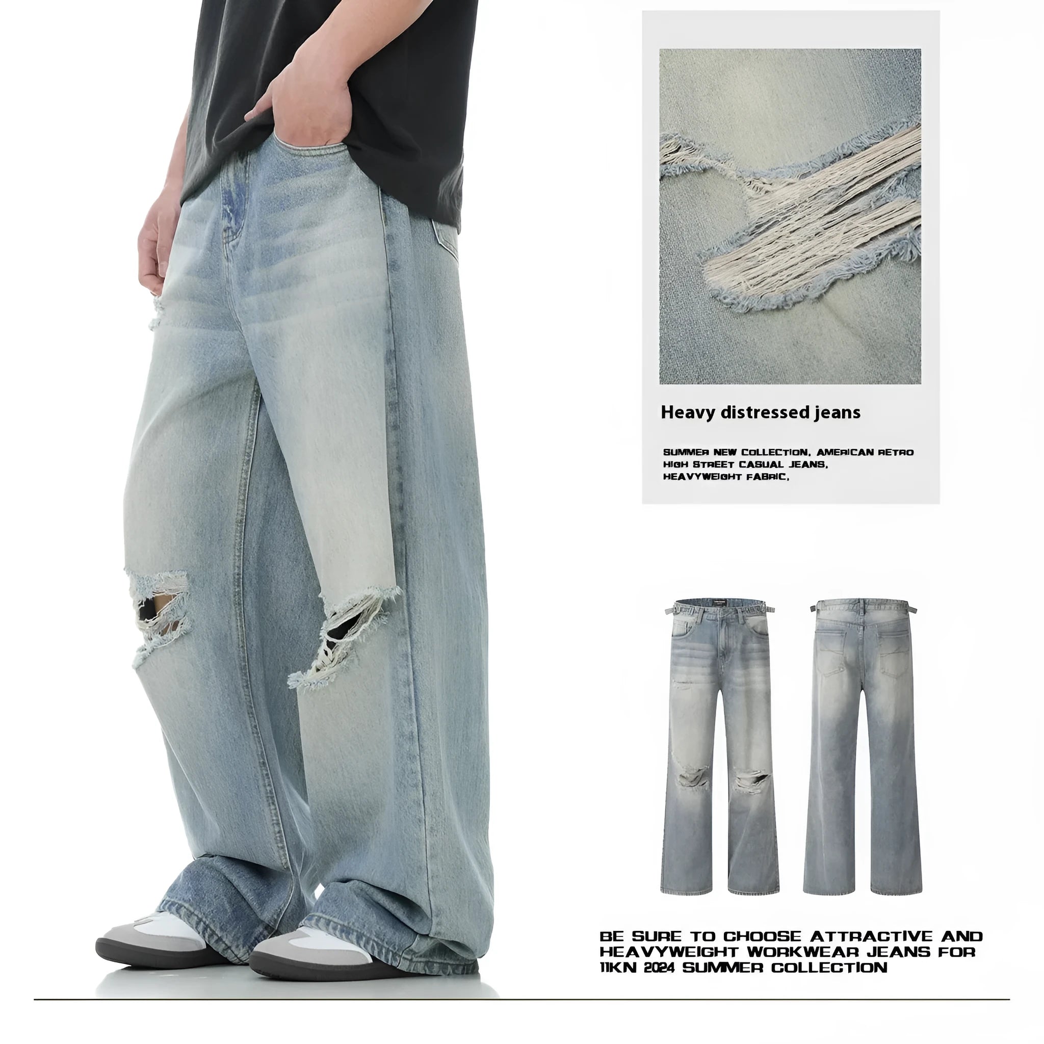 Men's blue straight-leg ripped jeans with zipper fly and retro styling in cotton blend fabric
