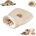 Cat sleeping bag in blue plush fabric with semi-enclosed tunnel design for indoor cats