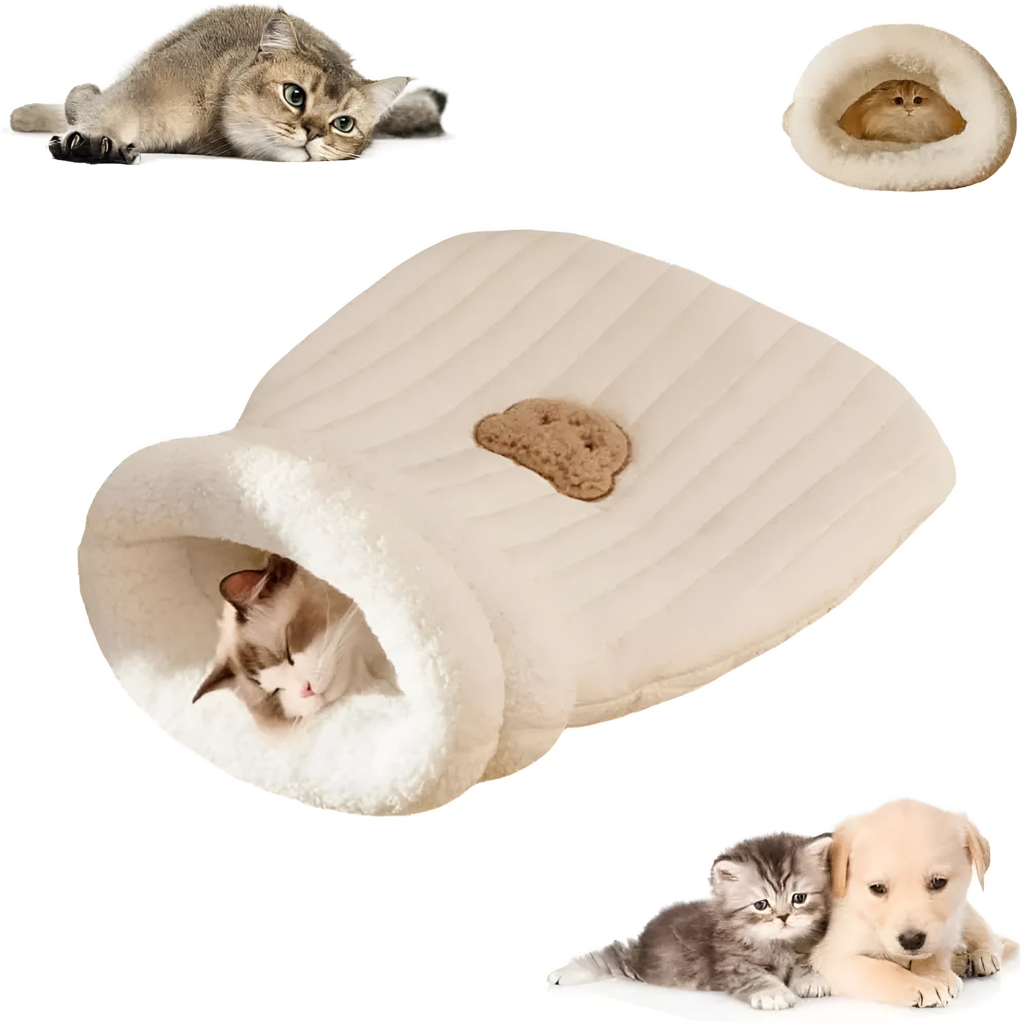 Cat sleeping bag in blue plush fabric with semi-enclosed tunnel design for indoor cats