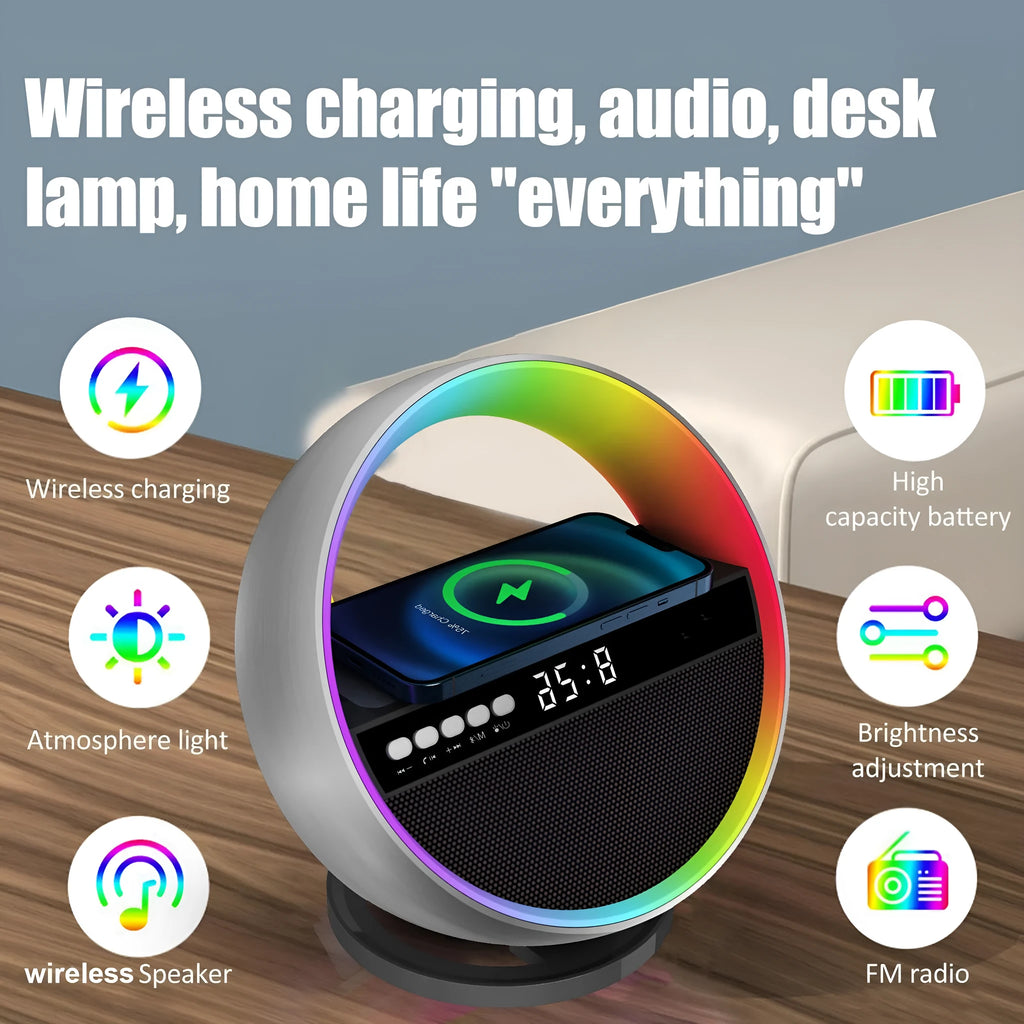 2024 multifunction RGB night light wireless charger Bluetooth speaker in white, 95x95x126mm