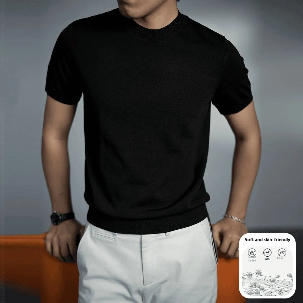 Men's knitted round neck T-shirt in chemical fibre blend with non-ironing treatment