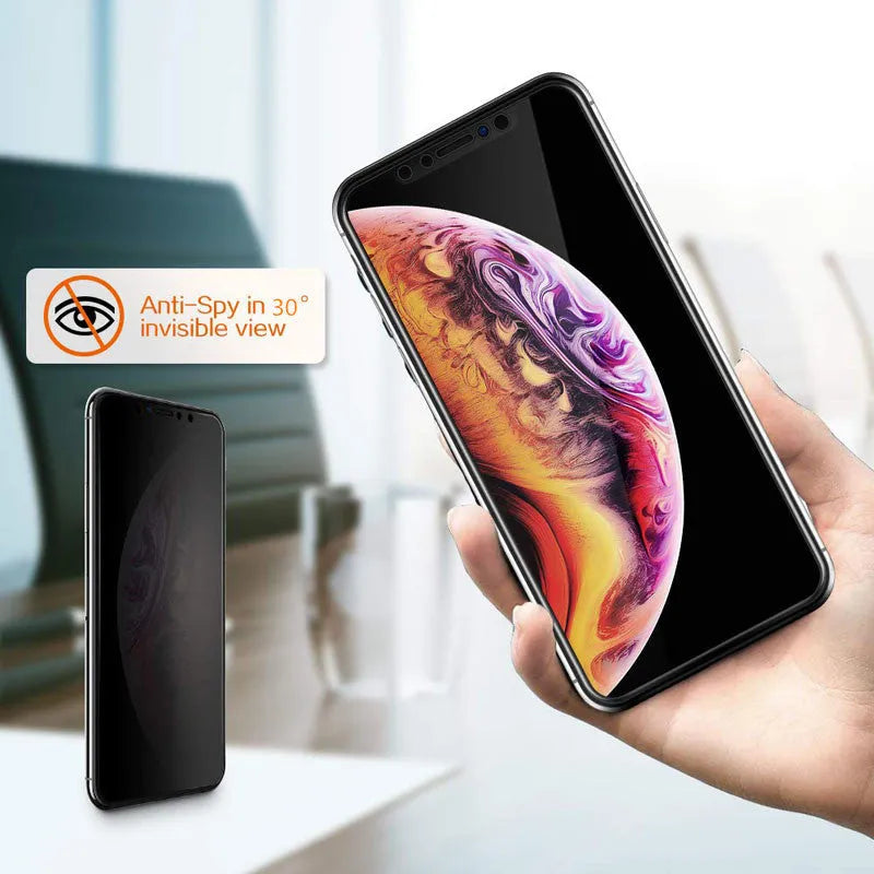 Black anti-peeping tempered glass screen protector for iPhone showing HD clarity
