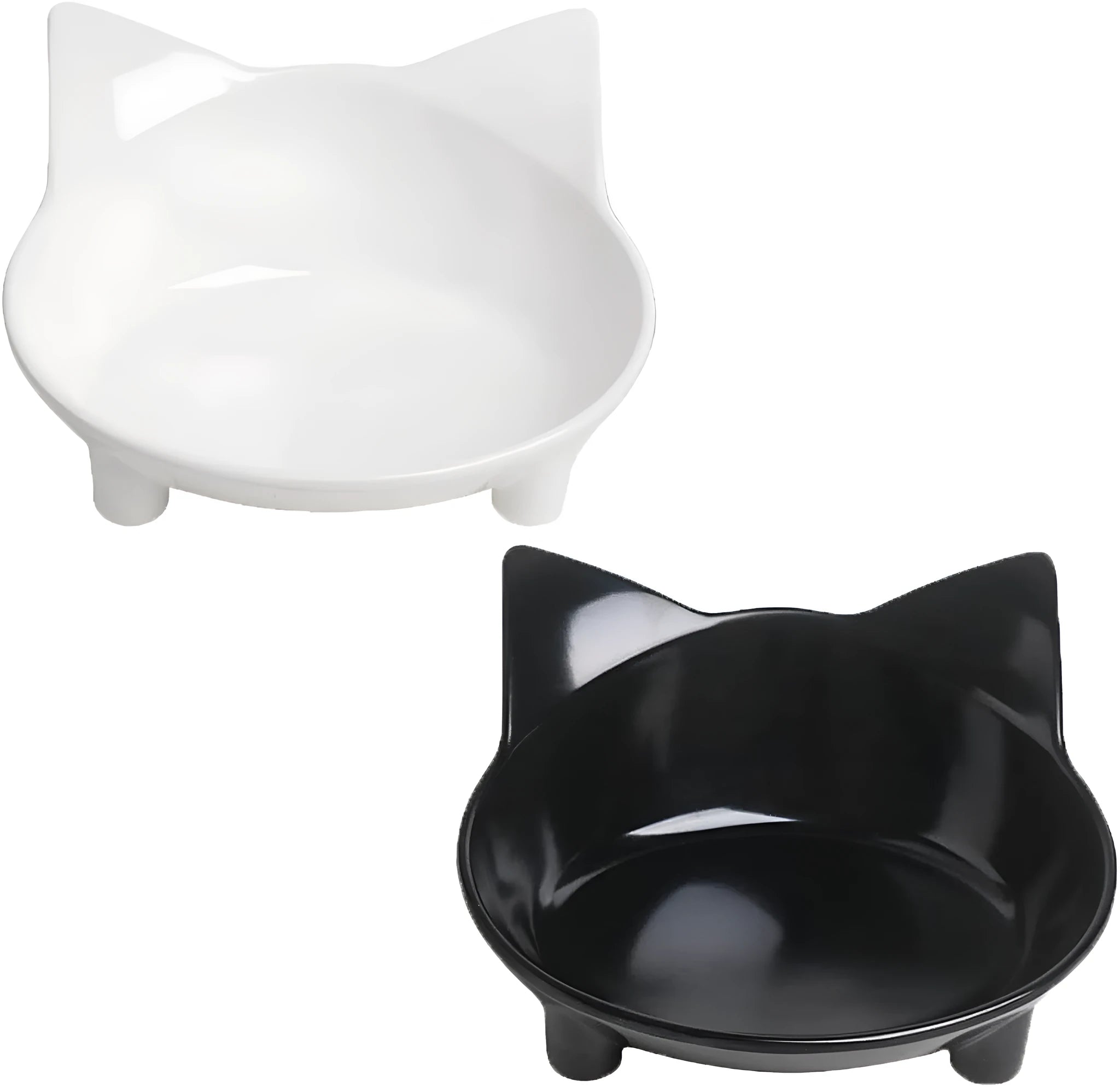 White and black shallow melamine pet bowls with non-slip rubber bases on a floor.