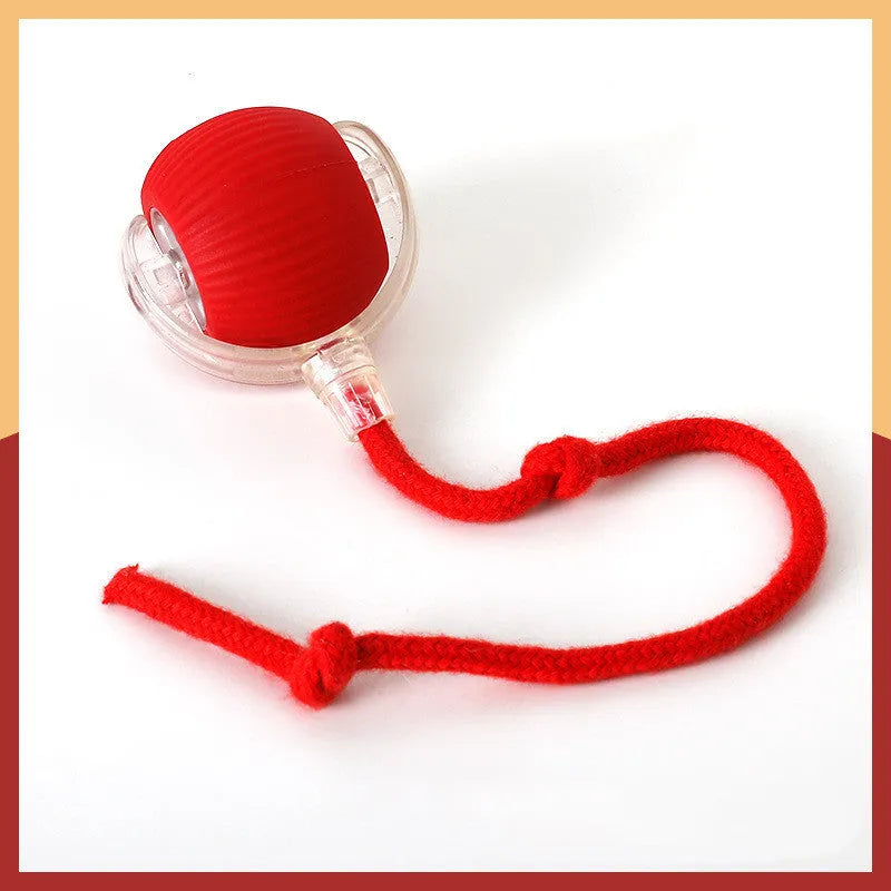 Silicone rolling ball cat toy with a plush cat ball attachment in red, green, or grey colour.